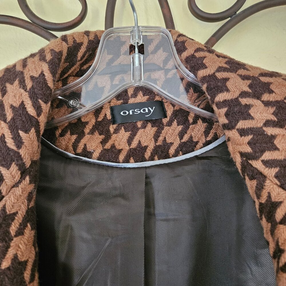 Orsay Brown Tan Wool Blend Houndstooth Jacket/ Coat Size 6 - Picture 6 of 10